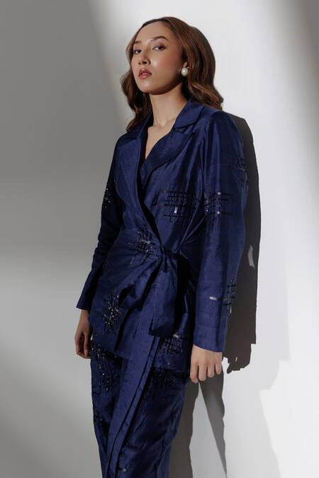 Buy Kavya Singh Kundu Blue Handloom Cotton Sequins Portia Handwoven Mulberry Silk Blazer With Trouser Online at Aza Fashions Buy_Kavya Singh Kundu_Blue Handloom Cotton Sequins Portia Handwoven Mulberry Silk Blazer With Trouser _Online_at_Aza_Fashions
