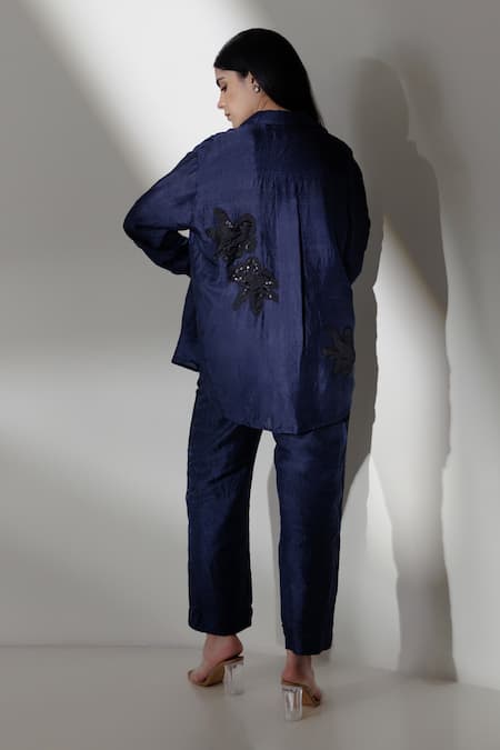 Shop Kavya Singh Kundu Blue Silk Sequins V-neck Sedna Handwoven Mulberry Shirt With Trouser at Aza Fashions Shop_Kavya Singh Kundu_Blue Silk Sequins V-neck Sedna Handwoven Mulberry Shirt With Trouser _at_Aza_Fashions