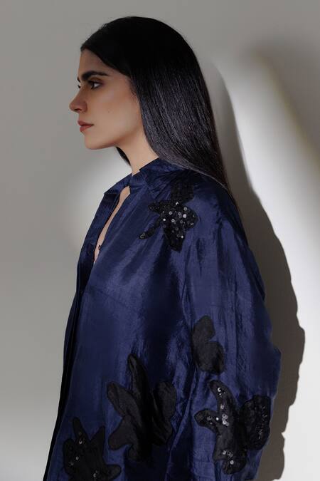Buy Kavya Singh Kundu Blue Silk Sequins V-neck Sedna Handwoven Mulberry Shirt With Trouser Online at Aza Fashions Buy_Kavya Singh Kundu_Blue Silk Sequins V-neck Sedna Handwoven Mulberry Shirt With Trouser _Online_at_Aza_Fashions