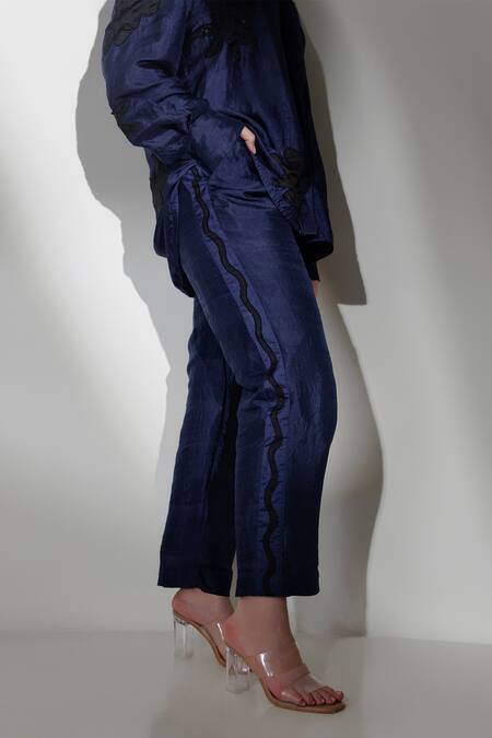 Shop Kavya Singh Kundu Blue Silk Sequins V-neck Sedna Handwoven Mulberry Shirt With Trouser Online at Aza Fashions Shop_Kavya Singh Kundu_Blue Silk Sequins V-neck Sedna Handwoven Mulberry Shirt With Trouser _Online_at_Aza_Fashions