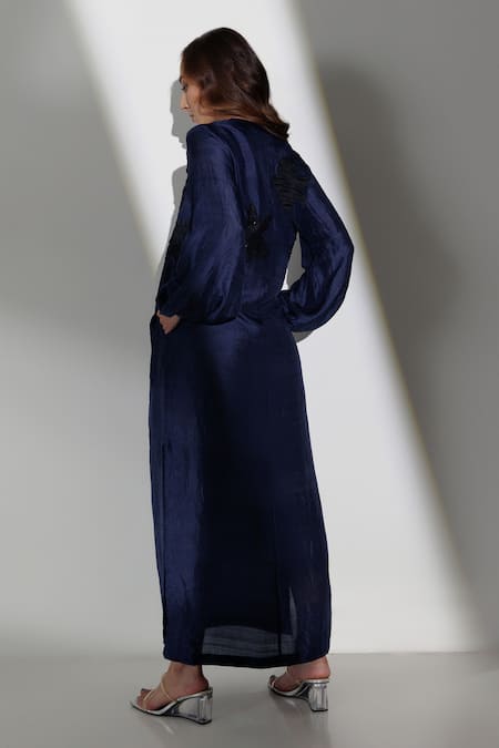 Shop Kavya Singh Kundu Blue Silk Sequins, Beads Split V-neck Masha Handwoven Mulberry Dress at Aza Fashions Shop_Kavya Singh Kundu_Blue Silk Sequins, Beads Split V-neck Masha Handwoven Mulberry Dress _at_Aza_Fashions