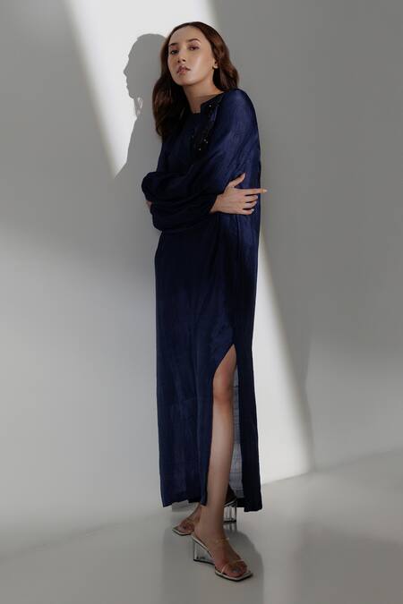 Kavya Singh Kundu Blue Silk Sequins, Beads Split V-neck Masha Handwoven Mulberry Dress Online at Aza Fashions Kavya Singh Kundu_Blue Silk Sequins, Beads Split V-neck Masha Handwoven Mulberry Dress _Online_at_Aza_Fashions