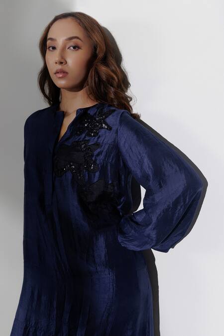 Buy Kavya Singh Kundu Blue Silk Sequins, Beads Split V-neck Masha Handwoven Mulberry Dress Online at Aza Fashions Buy_Kavya Singh Kundu_Blue Silk Sequins, Beads Split V-neck Masha Handwoven Mulberry Dress _Online_at_Aza_Fashions