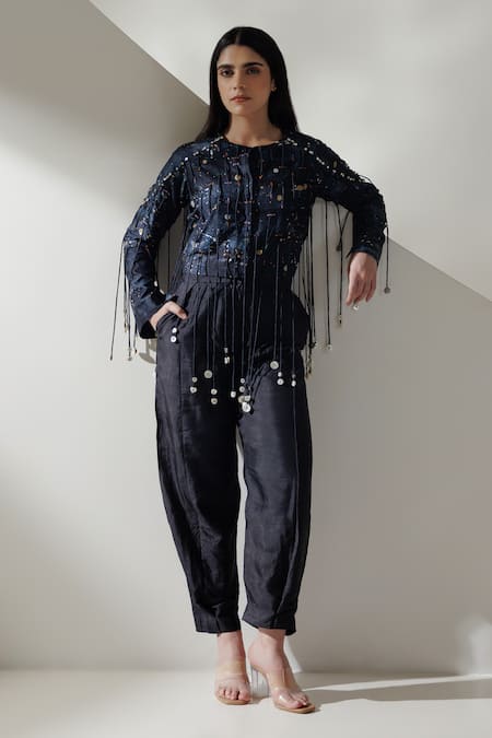 Shop Kavya Singh Kundu Black Silk Embroidery Round Neck Aurora Handwoven Mulberry Top at Aza Fashions Shop_Kavya Singh Kundu_Black Silk Embroidery Round Neck Aurora Handwoven Mulberry Top _at_Aza_Fashions