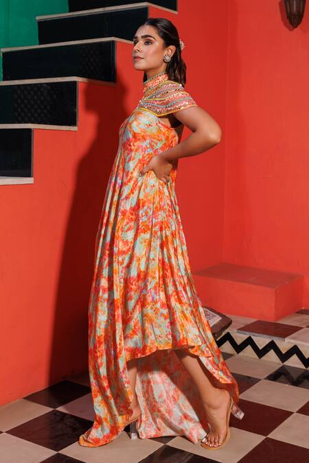 Elena Singh_Multi Color Crepe Sequins, Beads High Neck Abstract Print Draped Dress _Online_at_Aza_Fashions