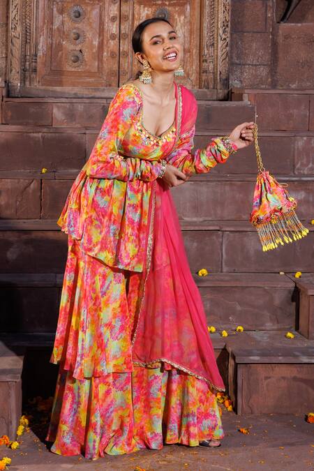 Elena Singh_Multi Color Crepe Sequins, Beads, Stones Amal Printed Peplum Top Gharara Set _Online_at_Aza_Fashions