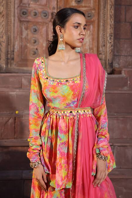 Buy_Elena Singh_Multi Color Crepe Sequins, Beads, Stones Amal Printed Peplum Top Gharara Set _Online_at_Aza_Fashions