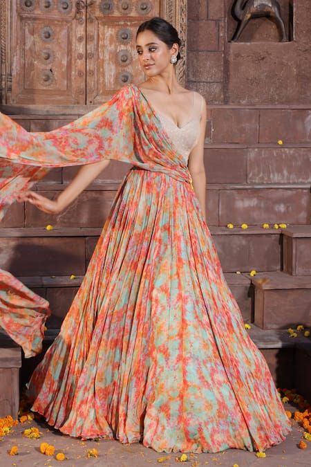 Shop_Elena Singh_Multi Color Georgette Sequins, Beads Plunge Neck Anahira Printed Draped Gown _at_Aza_Fashions
