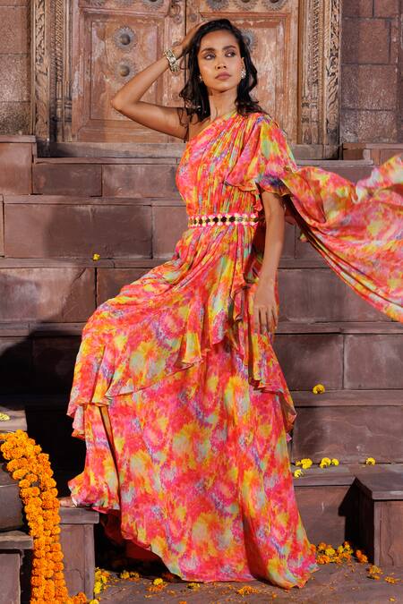 Elena Singh_Multi Color Georgette Dilara Printed Draped Saree Gown _Online_at_Aza_Fashions