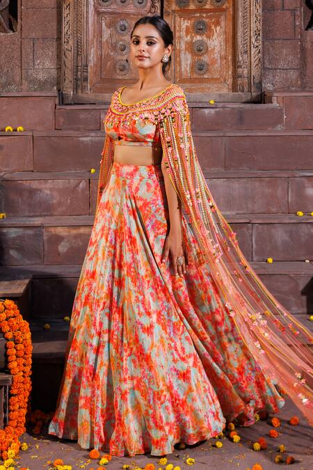 Elena Singh_Multi Color Tulle, Crepe Sequins, Beads Duaa Printed Lehenga And Draped Blouse Set _Online_at_Aza_Fashions