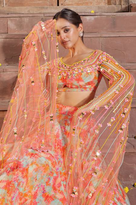 Buy_Elena Singh_Multi Color Tulle, Crepe Sequins, Beads Duaa Printed Lehenga And Draped Blouse Set _Online_at_Aza_Fashions