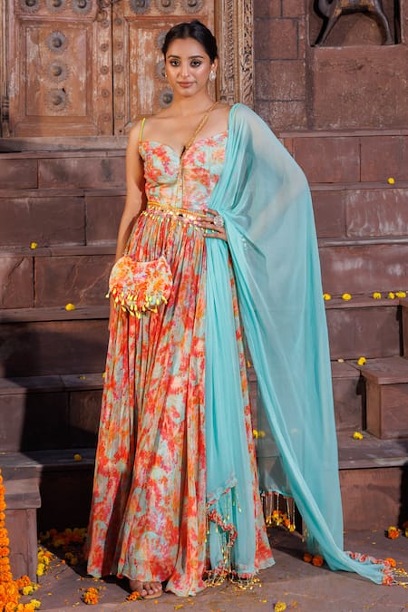 Elena Singh Dusha Printed Anarkali With Turquoise Dupatta 