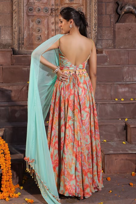 Elena Singh Dusha Printed Anarkali With Turquoise Dupatta 