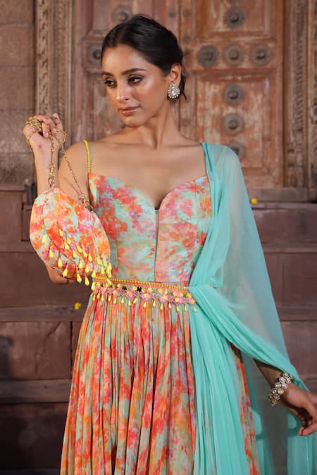 Buy_Elena Singh_Multi Color Georgette Sequins, Dusha Printed Anarkali With Turquoise Dupatta _Online_at_Aza_Fashions