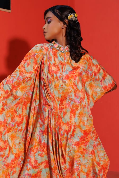 Elena Singh_Multi Color Crepe Sequins, Beads Bandeau Neck Ezra Printed Draped Dress _Online_at_Aza_Fashions