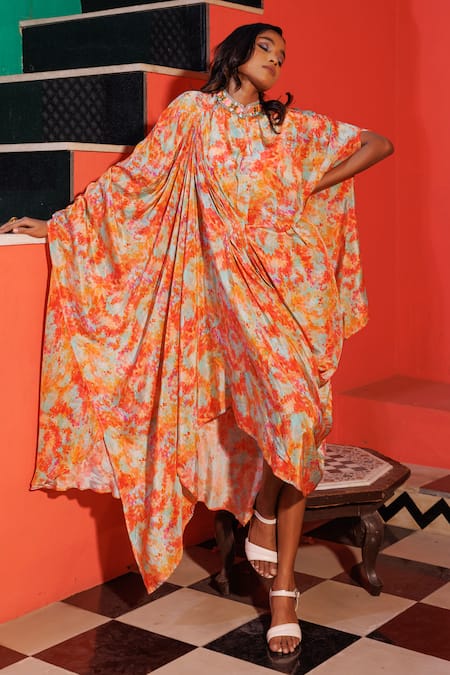 Buy_Elena Singh_Multi Color Crepe Sequins, Beads Bandeau Neck Ezra Printed Draped Dress _Online_at_Aza_Fashions