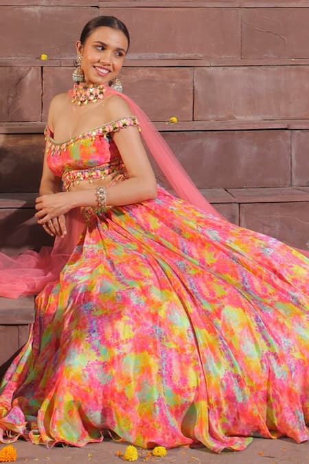 Elena Singh_Multi Color Crepe Sequins Off-shoulder Hand Embroidered Lehenga Set _Online_at_Aza_Fashions