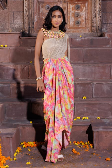 Shop_Elena Singh_Gold Crepe Sequins, Beads One Multi Color Draped Saree Gown With Neckpiece _at_Aza_Fashions