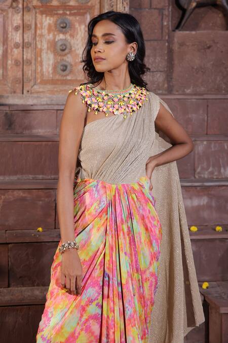 Elena Singh_Gold Crepe Sequins, Beads One Multi Color Draped Saree Gown With Neckpiece _Online_at_Aza_Fashions