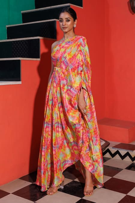 Elena Singh Multi Color Crepe Sequins, Beads One Shoulder Leyla Printed Draped Dress Online at Aza Fashions Elena Singh_Multi Color Crepe Sequins, Beads One Shoulder Leyla Printed Draped Dress _Online_at_Aza_Fashions