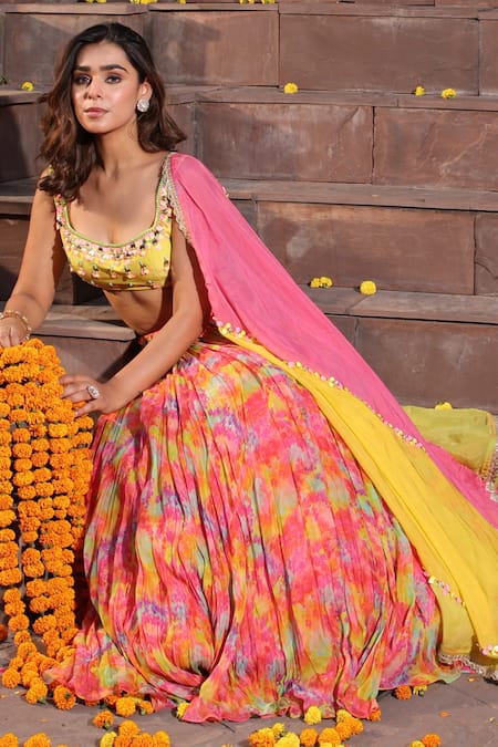 Buy_Elena Singh_Multi Color Organza, Georgette, Crepe Sequins, Maya Printed Crinkled Lehenga Set _Online_at_Aza_Fashions