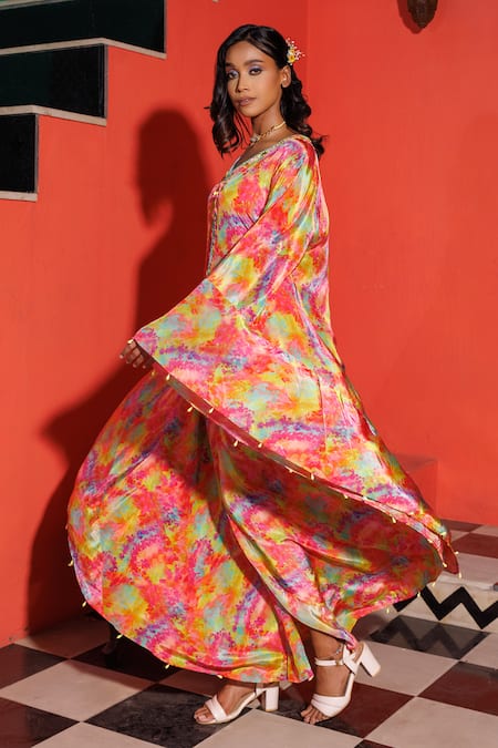 Elena Singh_Multi Color Crepe Sequins, Embroidery V-neck Meher Printed Slit Kaftan _Online_at_Aza_Fashions