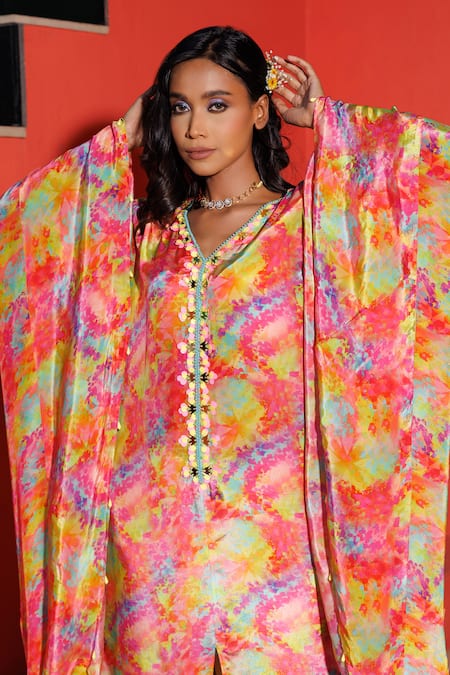 Buy_Elena Singh_Multi Color Crepe Sequins, Embroidery V-neck Meher Printed Slit Kaftan _Online_at_Aza_Fashions