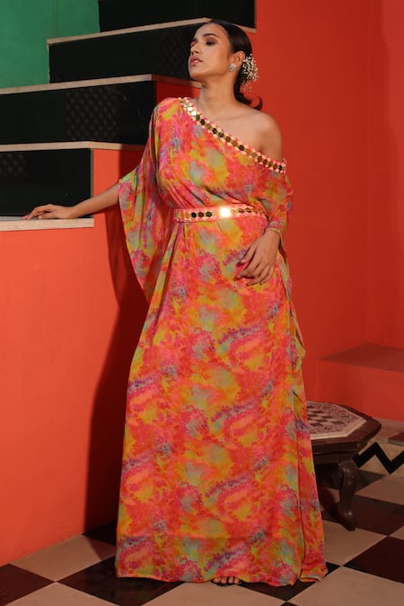 Elena Singh Noor One Shoulder Printed Kaftan With Belt 