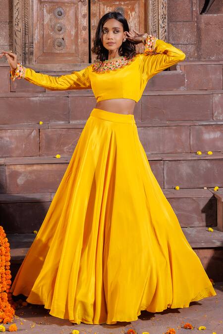 Elena Singh_Yellow Crepe Beads, Sequins Round Neck Rabia Embroidered Blouse And Lehenga Set _Online_at_Aza_Fashions