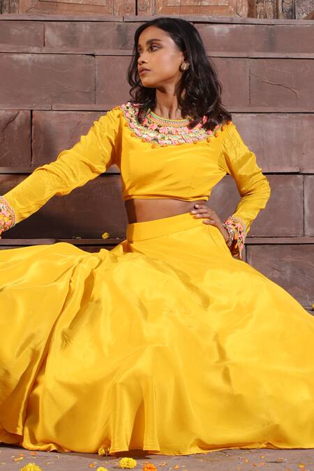 Buy_Elena Singh_Yellow Crepe Beads, Sequins Round Neck Rabia Embroidered Blouse And Lehenga Set _Online_at_Aza_Fashions
