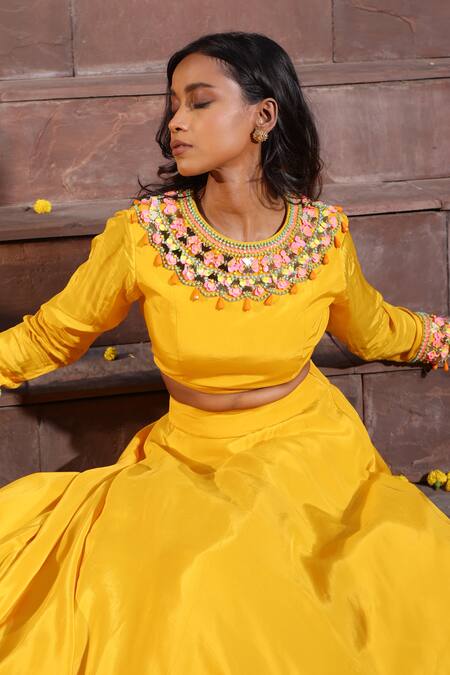 Shop_Elena Singh_Yellow Crepe Beads, Sequins Round Neck Rabia Embroidered Blouse And Lehenga Set _Online_at_Aza_Fashions