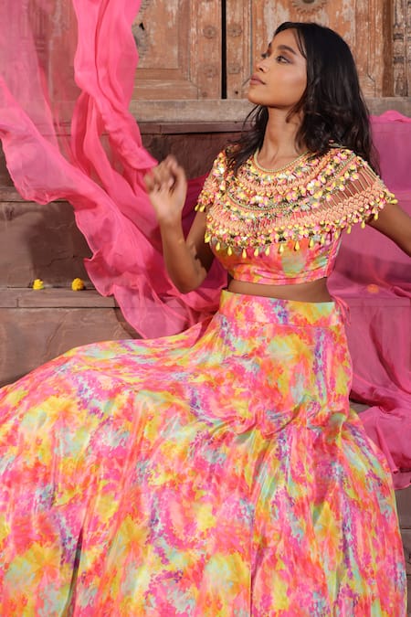 Buy_Elena Singh_Multi Color Crepe, Chiffon Sequins, Beads, Printed Lehenga Set With Dupatta _Online_at_Aza_Fashions