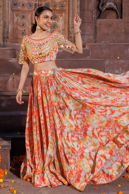 Elena Singh_Multi Color Crepe Beads, Sequins Roha Hand Embroidered Blouse And Lehenga Set _Online_at_Aza_Fashions