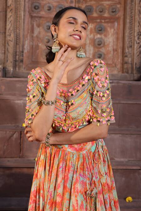 Buy_Elena Singh_Multi Color Crepe Beads, Sequins Roha Hand Embroidered Blouse And Lehenga Set _Online_at_Aza_Fashions