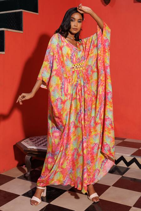 Buy_Elena Singh_Multi Color Crepe Sequins, Glitter, Beads V-neck Sabah Abstract Print Kaftan _Online_at_Aza_Fashions