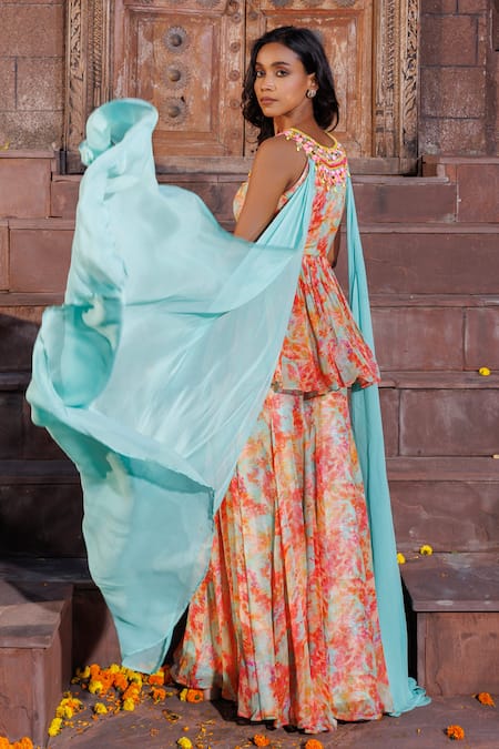 Buy_Elena Singh_Multi Color Georgette Sequins, Sada Printed Draped Peplum Top And Sharara Set _Online_at_Aza_Fashions