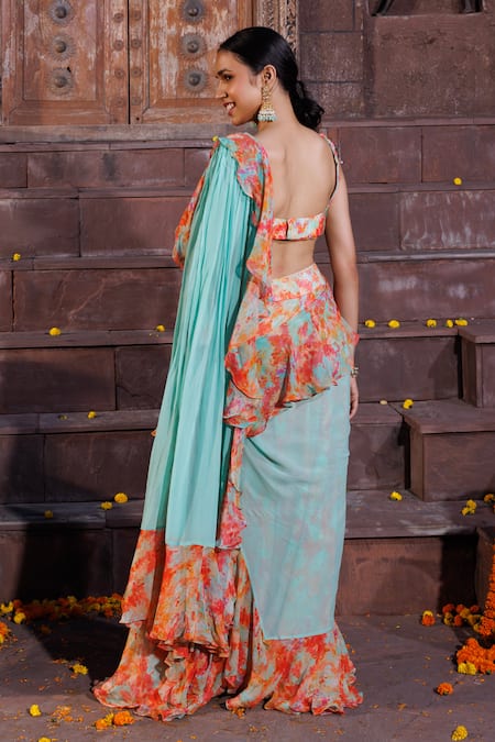 Elena Singh Safiya Printed Ruffle Pre-Draped Saree With Blouse 
