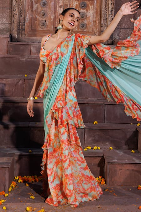 Buy_Elena Singh_Multi Color Georgette Safiya Printed Ruffle Pre-draped Saree With Blouse _Online_at_Aza_Fashions