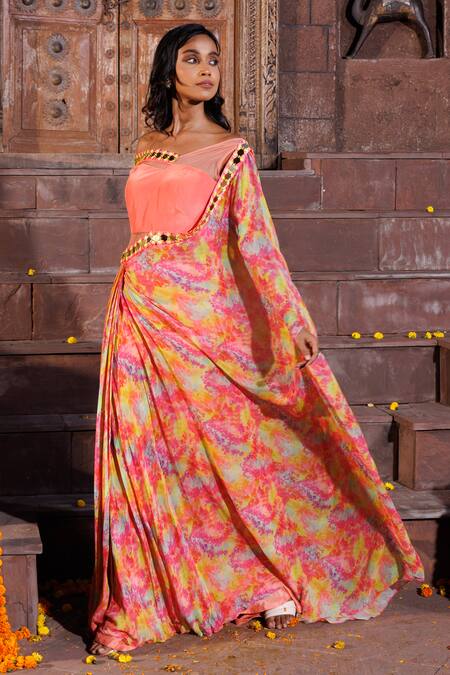Elena Singh_Multi Color Georgette Sahar Printed Draped Saree Gown _Online_at_Aza_Fashions