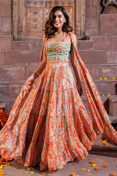 Elena Singh_Multi Color Georgette, Crepe Sequins, Zaina Tiered Lehenga With Draped Top _Online_at_Aza_Fashions
