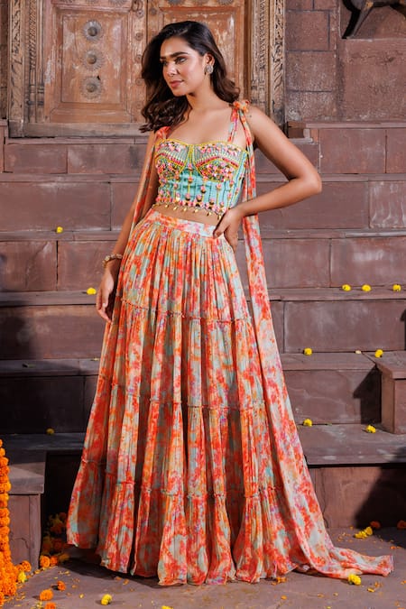 Buy_Elena Singh_Multi Color Georgette, Crepe Sequins, Zaina Tiered Lehenga With Draped Top _Online_at_Aza_Fashions