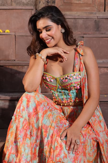 Shop_Elena Singh_Multi Color Georgette, Crepe Sequins, Zaina Tiered Lehenga With Draped Top _Online_at_Aza_Fashions