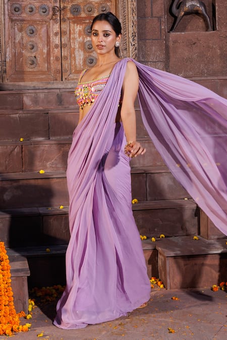 Elena Singh_Purple Crepe, Georgette Zaria Pre-stitched Saree With Embroidered Blouse _Online_at_Aza_Fashions