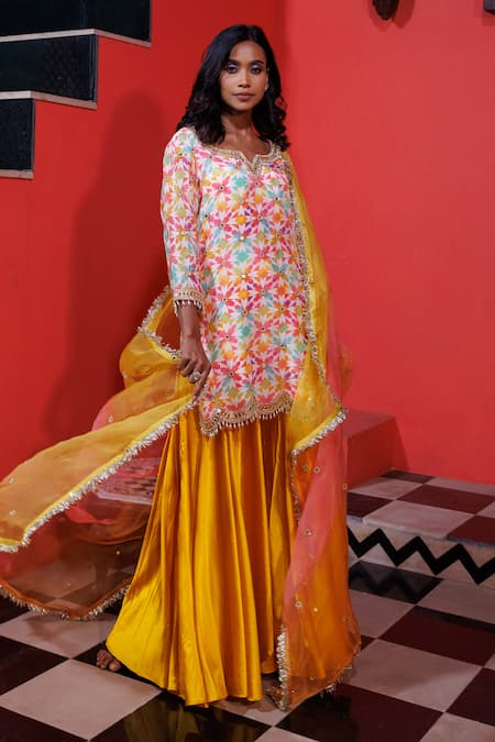 Elena Singh_Multi Color Crepe, Satin, Organza Amirah Geometric Print Kurta Sharara Set _Online_at_Aza_Fashions