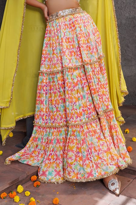 Elena Singh_Multi Color Crepe Pearls, Beads Fitri Tiered Printed Lehenga And Blouse Set _Online_at_Aza_Fashions