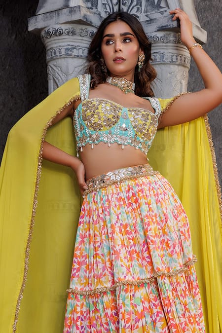 Buy_Elena Singh_Multi Color Crepe Pearls, Beads Fitri Tiered Printed Lehenga And Blouse Set _Online_at_Aza_Fashions