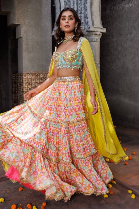 Shop_Elena Singh_Multi Color Crepe Pearls, Beads Fitri Tiered Printed Lehenga And Blouse Set _Online_at_Aza_Fashions