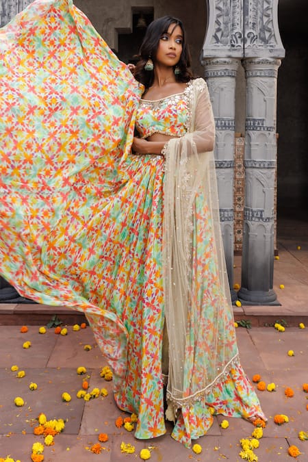 Elena Singh Abstract Print Crepe Lehenga Set 