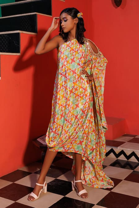 Elena Singh Nazira Geometric Print Draped Dress With Belt 