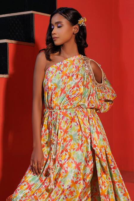 Elena Singh Multi Color Crepe Pearls, Mirrors Nazira Geometric Print Draped Dress With Belt Online at Aza Fashions Elena Singh_Multi Color Crepe Pearls, Mirrors Nazira Geometric Print Draped Dress With Belt _Online_at_Aza_Fashions